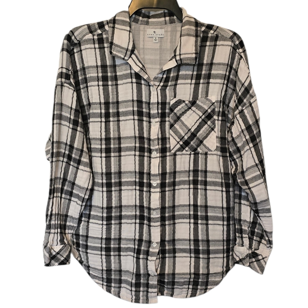 3/$15 True Craft Black & White Plaid Cotton Button Down Shirt Size Small